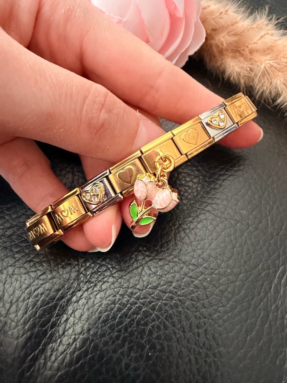 Mother’s Day Italian Charm Bracelet with Floral Dangle – Full “Mom” Wrap Design